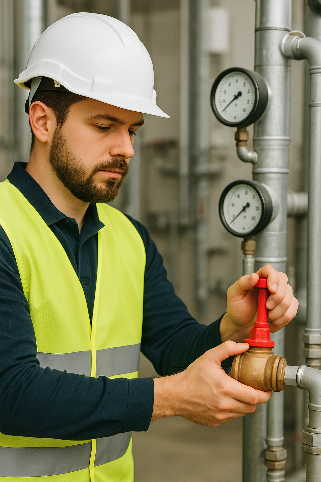 Mechanical installer adjusting valve in plantroom