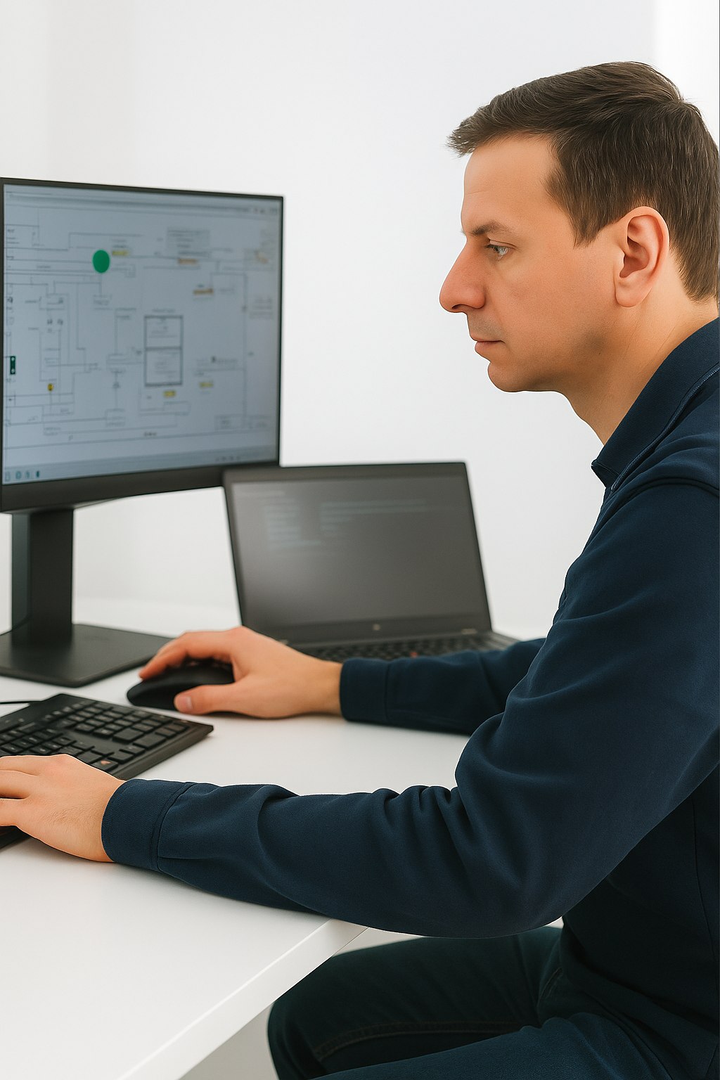 Facility operator at control room monitoring SCADA/BMS—no PPE